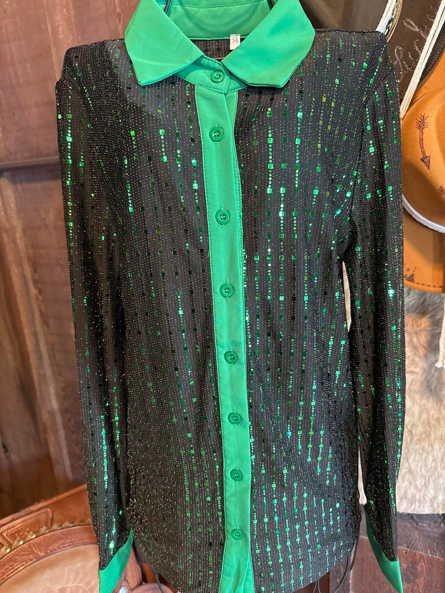 Green Shimmer Cowgirl Show Shirt – X-Small