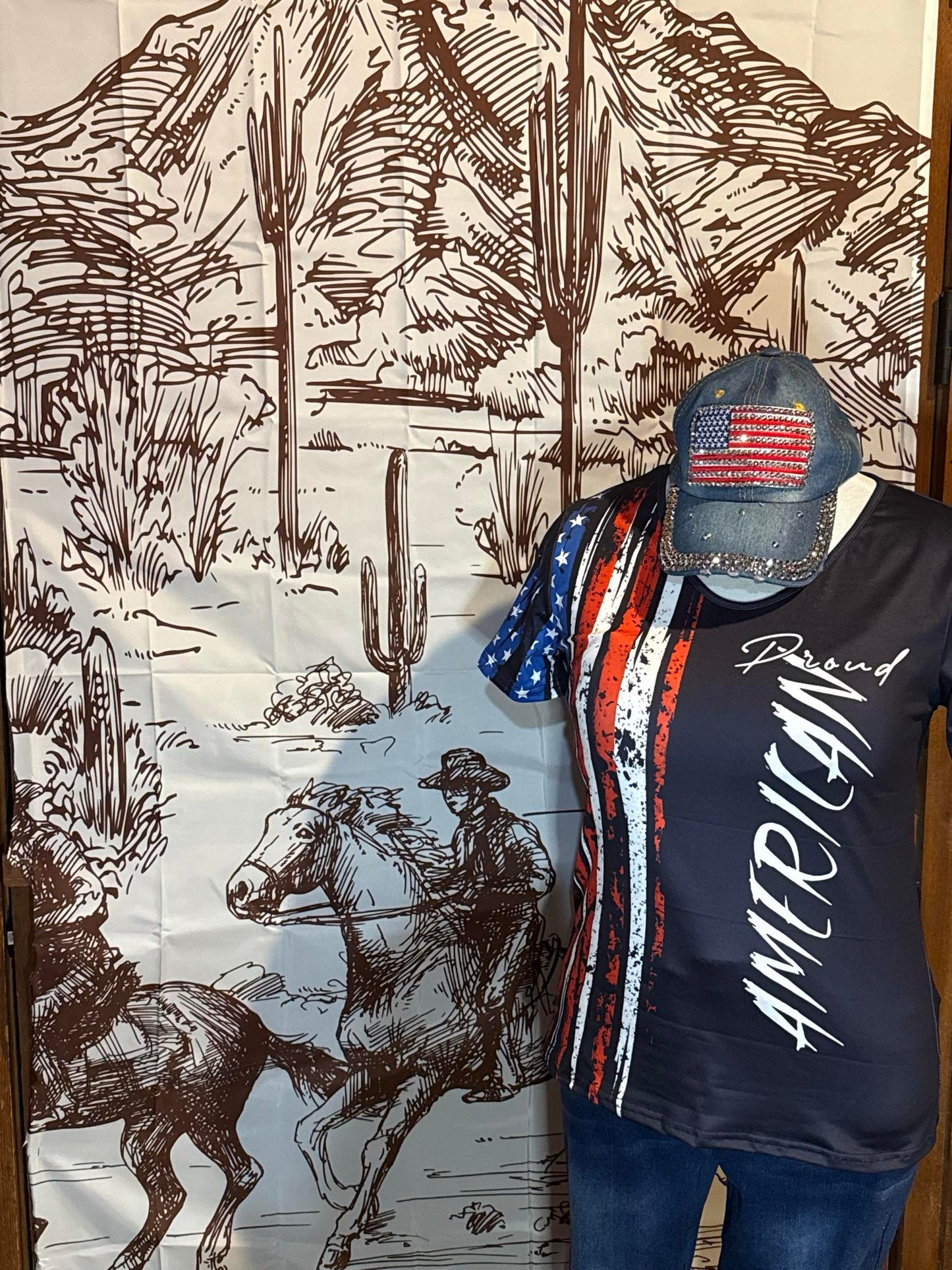 Vintage-style denim baseball cap with rhinestone-trimmed American flag patch on the front.