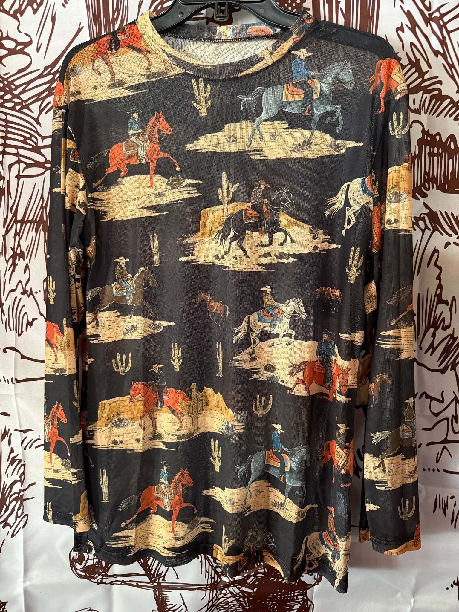 Long-sleeve retro mesh shirt featuring cowboy and horse western print with a black base
