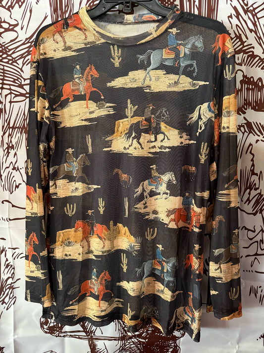 Long-sleeve retro mesh shirt featuring cowboy and horse western print with a black base