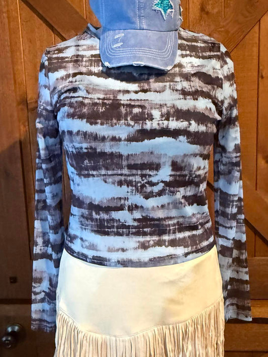 Long sleeve mesh shirt with black, white, and denim-toned brushstroke print