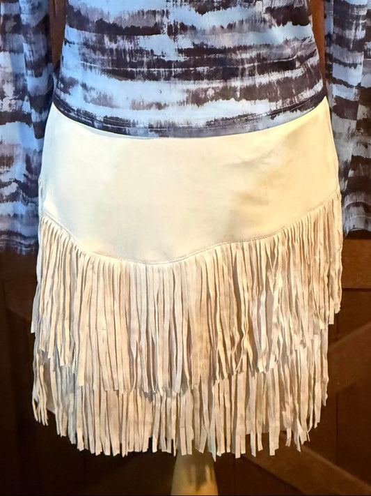 Ivory faux suede skort with double-tier fringe detailing