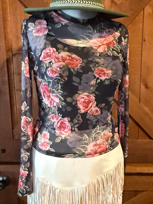 Long sleeve mesh floral top with pink roses and butterflies from SEEWHATSHANGIN’