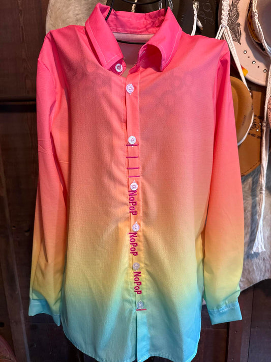 Ombre sunset-colored NoPop barrel racing shirt with pink embroidery, 100% polyester with stretch, size small.