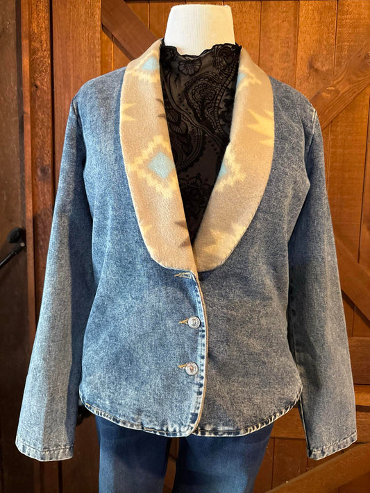 Light wash denim jacket with soft cream and sky blue southwestern fleece shawl collar and silver buttons, handcrafted and one of a kind in size Large.