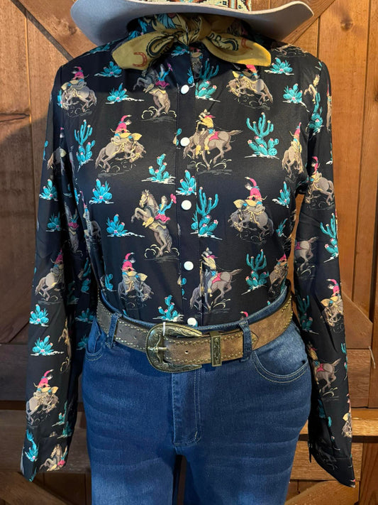 Western-style black button-up shirt with rodeo cowboy print and turquoise cactus accents by Sterling Kreek.