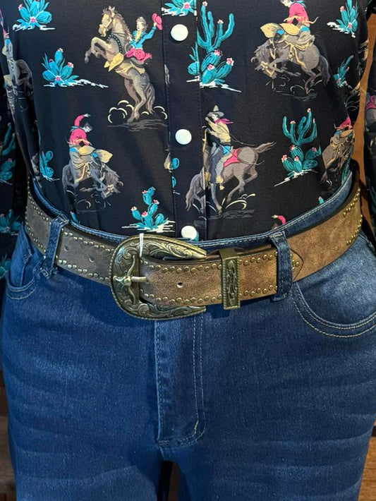 Distressed brown PU leather belt with brass studs and an antique-style western buckle.