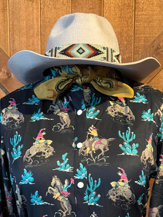 Gray wool cowboy hat with wide brim and adjustable beaded hatband featuring southwestern colors.