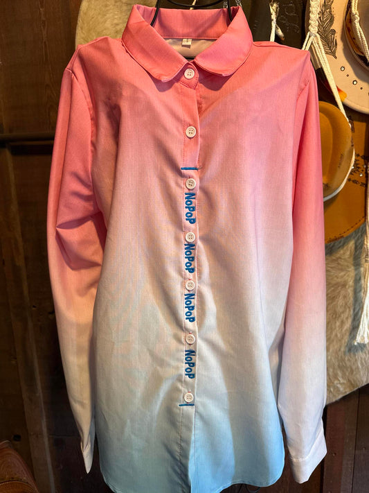 Pink and blue ombre NoPop barrel racing shirt with blue embroidery, size small, stretchy 100% polyester.

