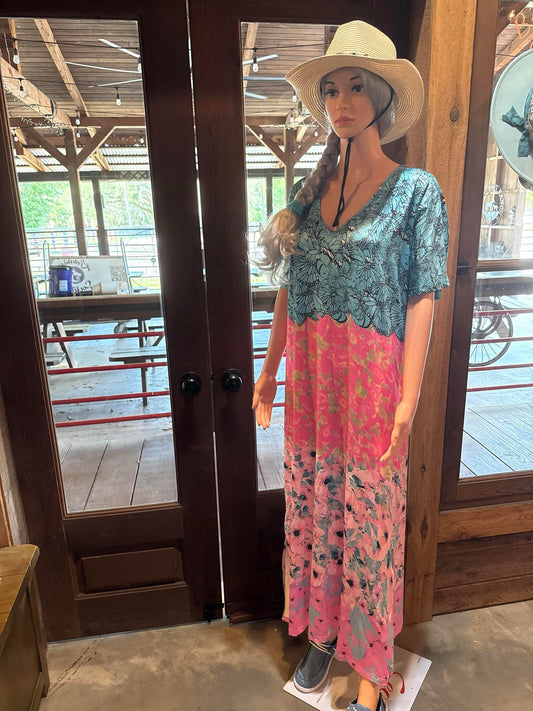 Island Time maxi dress featuring a tropical butterfly and floral design in vibrant blues and pinks, size XXL