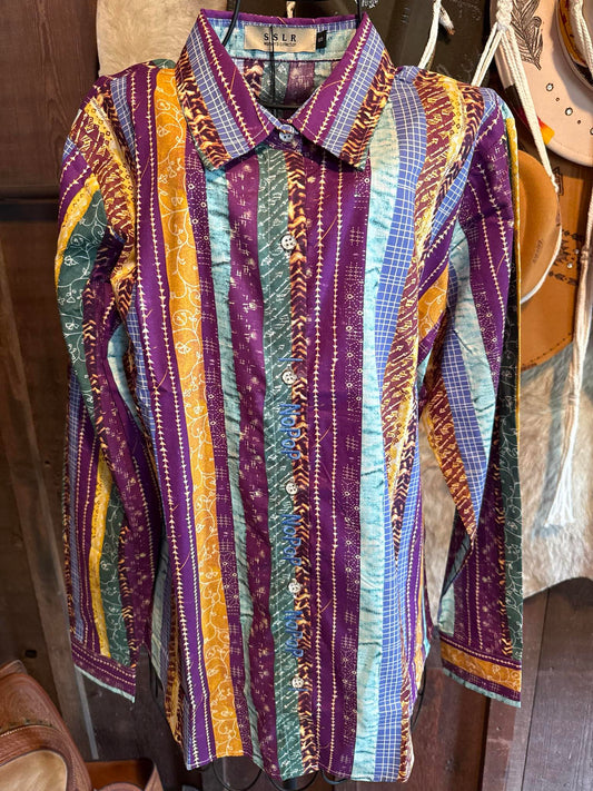Colorful striped barrel racing NoPop shirt with purple, yellow, teal, and blue pattern, size small, 100% cotton.