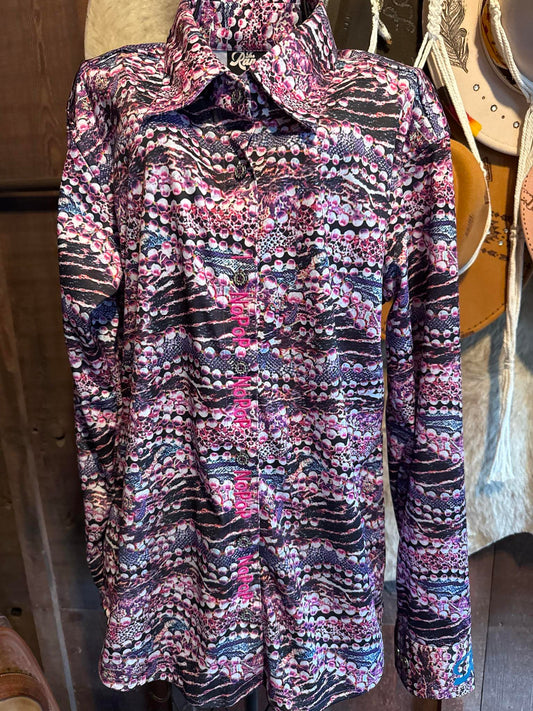 Pink, black, and white Ranch Equestrian barrel racing show shirt with NoPop closure, size small, luxury performance fabric.