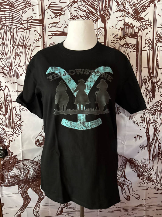 Black Yellowstone graphic t-shirt with turquoise logo and cowboy silhouette design, displayed on mannequin