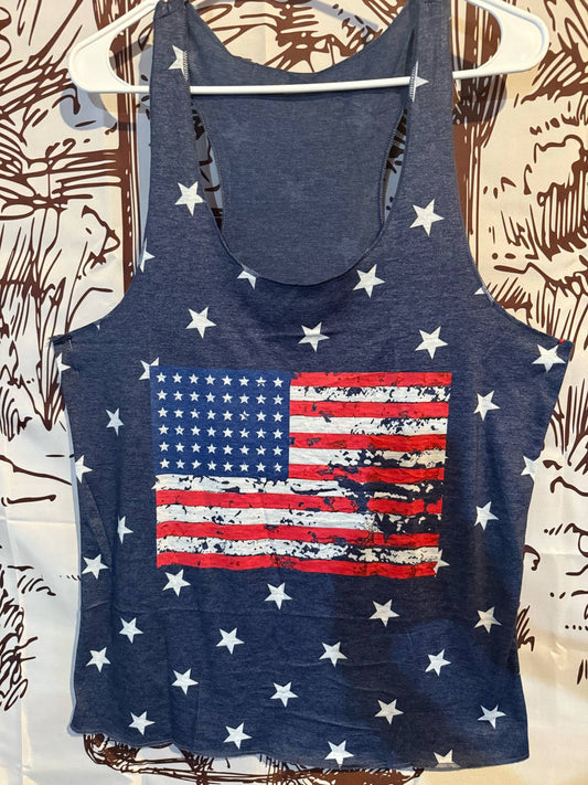Navy blue racerback tank top featuring a distressed American flag graphic on the front with an all-over white star print.